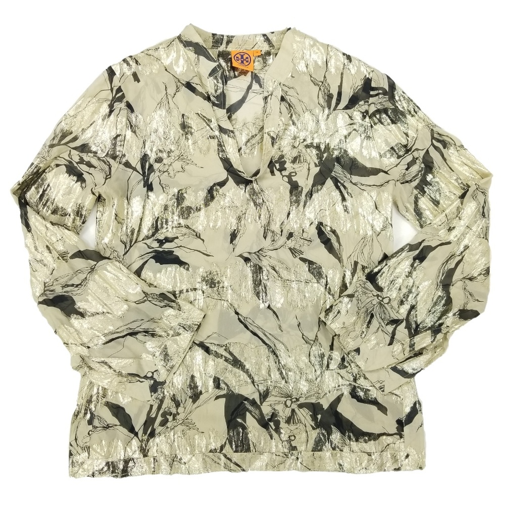 Tory Burch Silk Metallic Floral Tunic Top Shirt 14